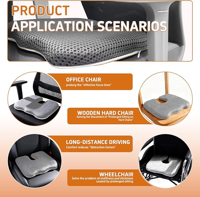 Gooo&Ma Office Chair Cushion - Air Fiber Seat Cushion for Tailbone Pain Relief, Breathable Cooling U-Shape Desk Chair Pad for Car & Gaming, Ergonomic Memory Foam Alternative Washable(Grey)