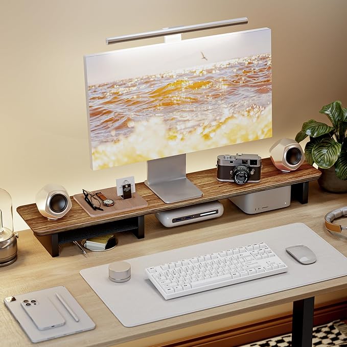 PEGZONE Dual Monitor Riser with Integrated Metal Shelf, Large Walnut Wooden Desk Shelf for 2 Monitors/TV, Wide 46" Long Monitor Stand Riser for Desk, Wood Monitor Stand Organizer for Home Office