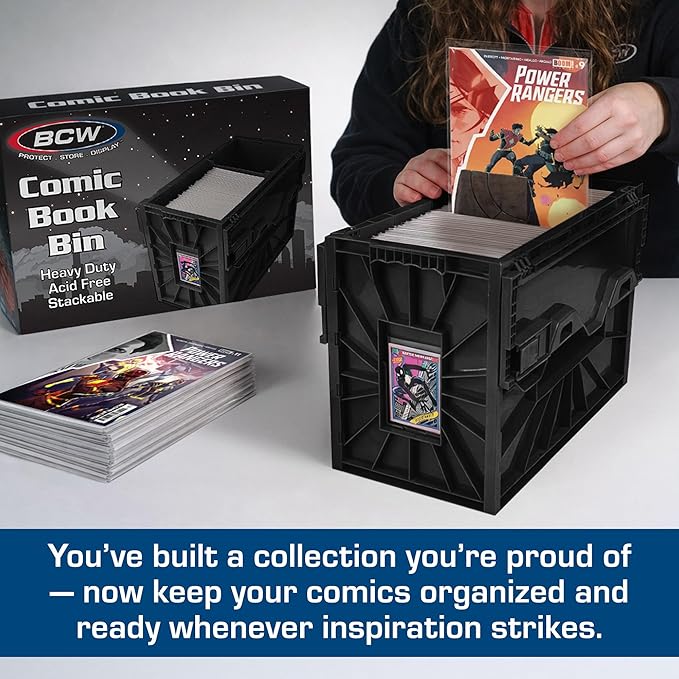 BCW Short Comic Book Bin | Holds 150 Comics | Stackable Plastic Storage | Acid-Free Organizer | Black, 2 Pack | Comic Book Bin