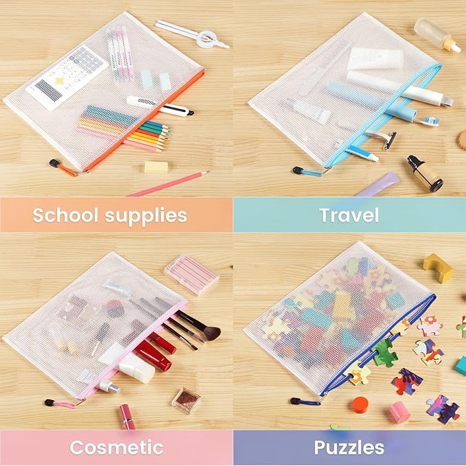 Sooez 24 Pack Mesh Zipper Pouch with Sticky Labels, A4 Mesh Bags, Toy Storage Board Game Puzzles Organization, Sturdy Letter Size File Folders Organizer for Teacher School Classroom Office Supplies