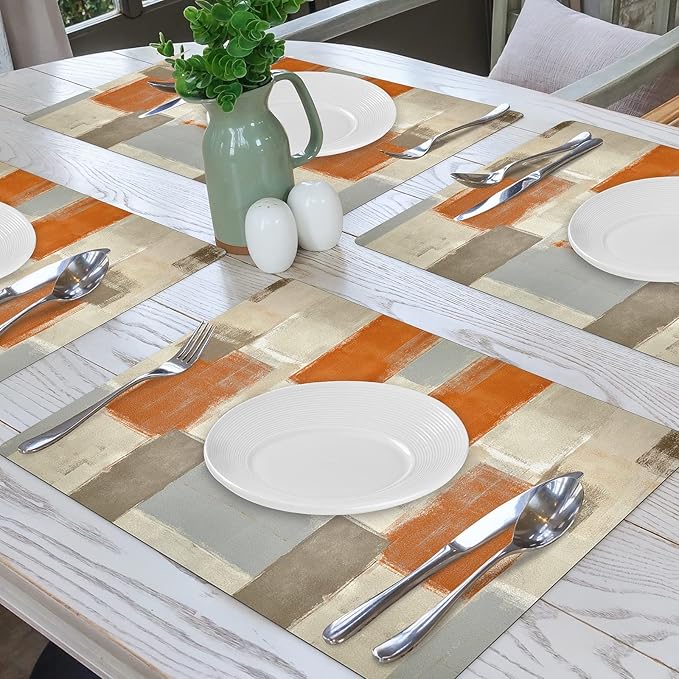 Modern Art Print Placemats Set of 4 - Orange and Grey Abstract Faux Leather Table Place mats Heat Resistant Waterproof Wipeable Non-Slip Washable Place Mat for Kitchen Dining Table Decor, 17" x 12"