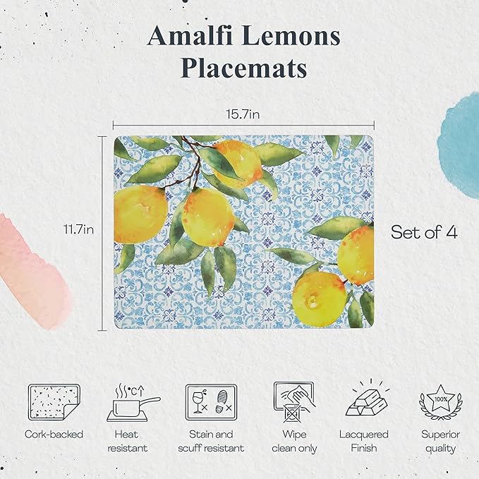 Pimpernel Amalfi Lemons Placemats, Set of 4 - Vibrant Yellow Citrus Table Mats with Blue & White Tile Pattern, Heat & Stain Resistant for Dining, Kitchen, Summer Entertaining & Gift Ideas (12" x 16")