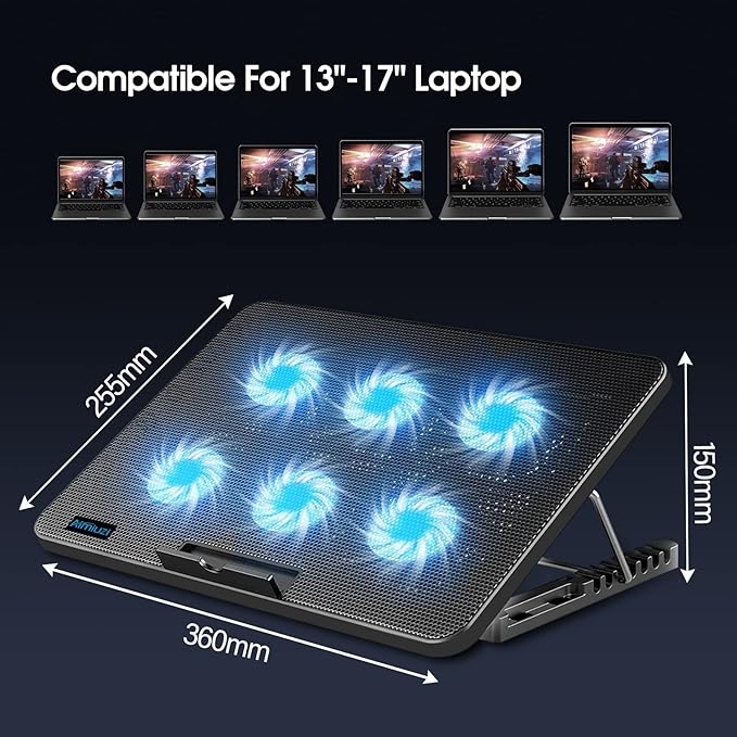 AIMIUZI Laptop Cooling Pad, Gaming Laptop Cooler with 6 Quiet Fans, Laptop Fan Cooling Pad Fits 12-17 Inch Laptop, USB Port Powered, 7 Adjustable Height