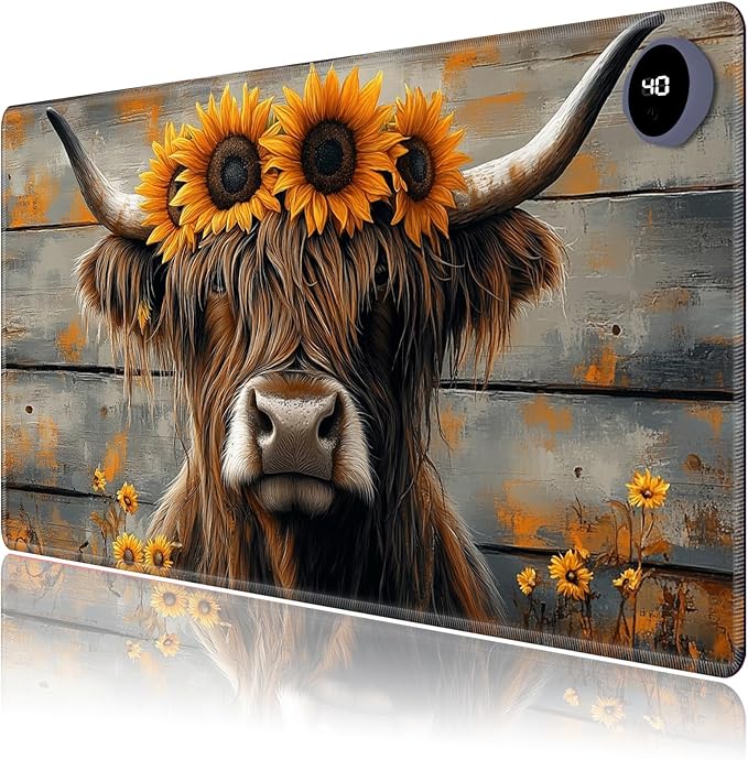 Heated Mouse Pad,Warm Desk Pad with 3 Levels Heating & 3 Hours Auto Shut-Off, PU Leather Heated Desk Pad Warmer Pad for Home Office - 23.6 x 14.2 inch,Highland Cow Wood Grain