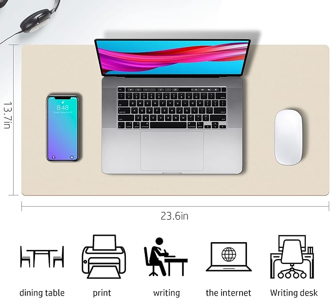 Aothia Double-Sided PU Leather Desk Pad - Non-Slip Large Mouse Pad & Desk Mat for Office, Home - Waterproof, Easy to Clean, Durable Dual-Sided Surface (23.6"x13.7", Beige)