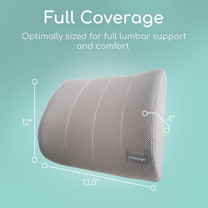 Xtra-Comfort Lower Back Support Pillow - Lumbar Cushion for Office Chair, Car, Gaming, Men, Women - Ergonomic Orthopedic Backrest Foam Roll & Adjustable Strap for Therapeutic Pain Relief