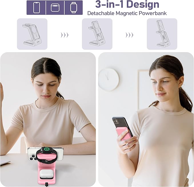 Smtcsl 3 in 1 Wireless Charging Station: 5000mAh Removable Power Bank Charger Stand for Phone/Watch/Air Pods - Portable Magnetic Battery Pack for Air 17 16 15 14 13 12 Series Pink