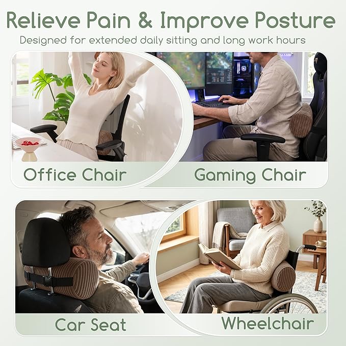HIGOGOGO Lumbar Roll Lumbar Support Pillow for Office Chairs, Cars, and Gaming Chairs, Back Cushion with Washable Cover & Adjustable Strap to Relieve Back Pain and Improve Posture, 11"x6"x5", Brown