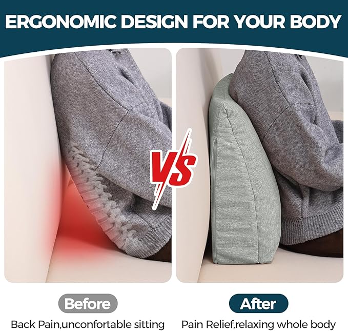 Back Support Pillow for Recliner Soft Dual Layer Lumbar Support Pillow with Shredded Memory Foam Ergonomic Orthopedic Couch Lumbar Cushions for Elderly Lower Back Pain Relief Light Grey
