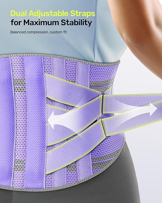 Rakiie Back Brace for Lower Back Pain Women with 9X Support System, Ergonomic Lumbar Support for Pain Relief, Breathable Mesh Design with 3D Silicone Pad for Sciatica, Purple Size M (Waist: 32.3"-39.8")