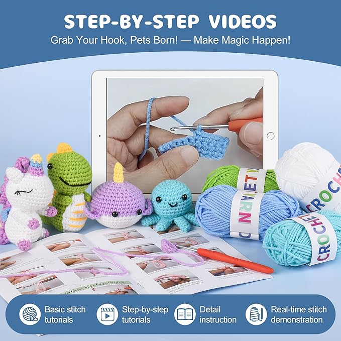 MINGOMINGO Crochet Kit for Beginners Kids - 6 Animal Amigurumi, Mother's Day Birthday Craft Gift Set, Step-by-Step Video Tutorials, 40%+ Yarn, Knitting Starter Kit for Girls Women Adults