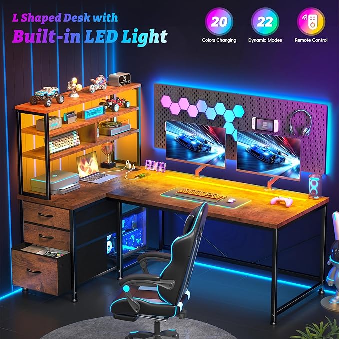 DurayLoly 55 Inch Computer Desk with 3 Fabric Drawers & 3 Shelves, Reversible L Shaped Desk Office Desk with Remote LED Lights, Power Outlet for Gaming Desk, Corner Desk for Bedroom,Dorm, Brown