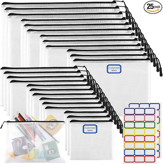 25pcs Multisize Mesh Zipper Pouch Bags, Waterproof Zipper Bag, 8 Sizes Waterproof Plastic Document Pouch, Bags for Travel Storage, Office Supply and Home Organize