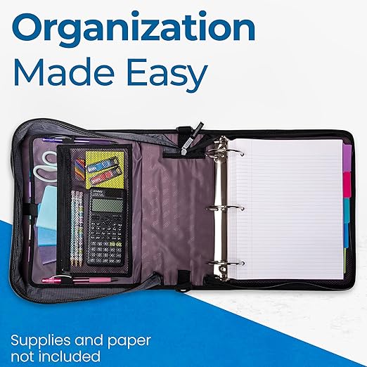 Case-it Mighty Zip Tab School Zipper Binder | 3-Inch O-Rings, 600-Sheet Capacity, 5-Subject Expanding File Folder, Multiple Pockets & Storage Organizer, Shoulder Strap | D-146 Light Blue Daisy