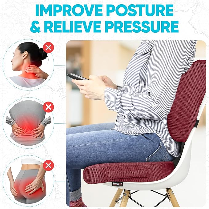 FORTEM Seat Cushion, Office Chair Cushion, Lumbar Support Pillow for Office Chair, Memory Foam Car Seat Cushions, Sciatica Coccyx Tailbone Pain Relief, Cushions for Back Support, Washable, Non Slip XL