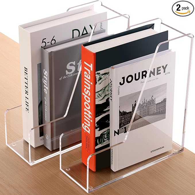 HeZone Magazine Holder, Clear Acrylic Desk Organizers, File Organizer for Desk, Magazine Rack- Desktop Book Storage -Independent Vertical 1 Space-2 Pack