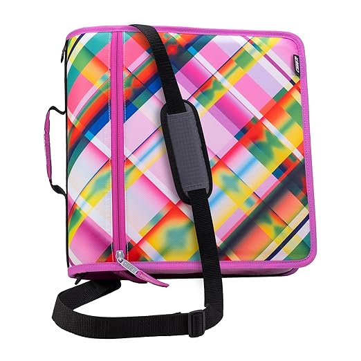 Case-it Mighty Zip Tab School Zipper Binder | 3-Inch O-Rings, 600-Sheet Capacity, 5-Subject Expanding File Folder, Multiple Pockets & Storage Organizer, Shoulder Strap | D-146 Summer Plaid