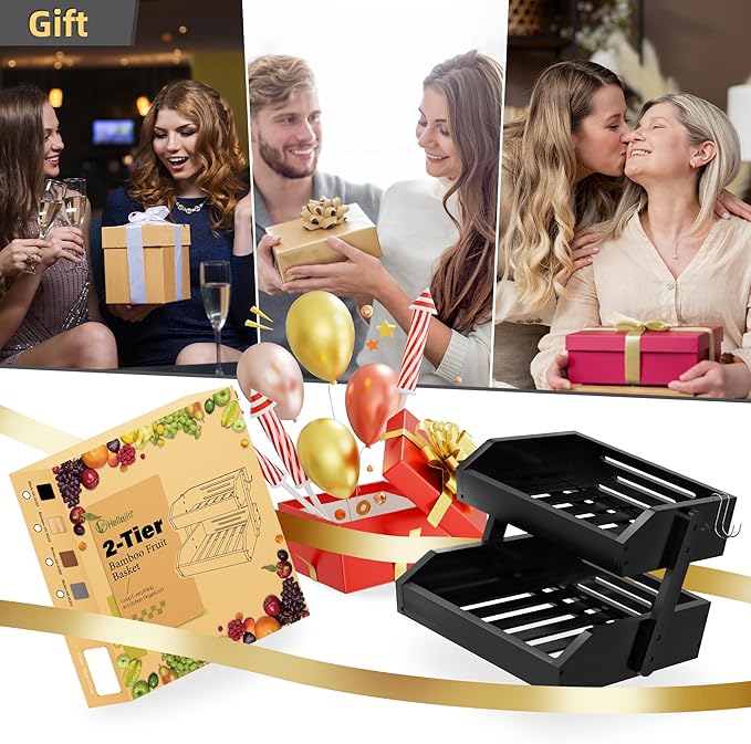 Bamboo 2 Tier Fruit Basket for Kitchen Counter, Large Capacity Fruit Storage Countertop, Fruit Holder, Wood Pantry Organizers and Storage, Kitchen Countertop Organizer With 2 Banana Hangers (Black)