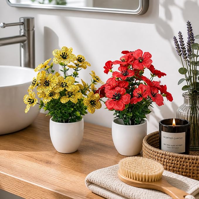 Small Artificial Flowers in Pots, Fake Potted Flowers, Mini Artificial Plants Indoor, Small Fake Flowers with Pot for Spring Decorations for Home, Office Desk, Table & Bathroom Decor