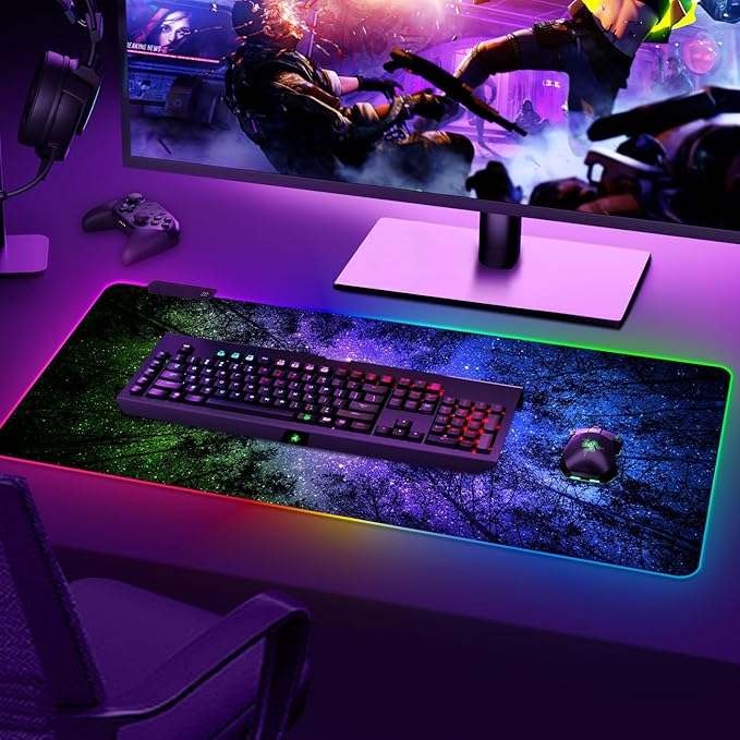 ARTSO Gaming Mouse Pad RGB Starry Sky, Forest Large Mousepad with Non-Slip Rubber Base, Cool XXL Computer Desk Pad, 35.4 x15.7In Big Gaming LED Light Up Mouse Pad for Gamer