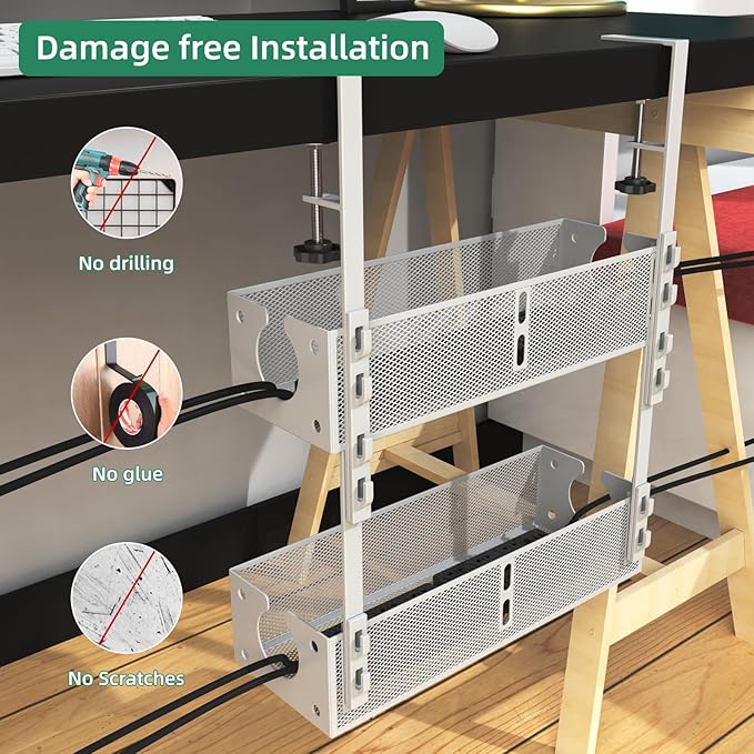 Multi-Model Under Desk Cable Management 2 Pack Metal Under Desk Wire Management Tray Clamp Mount Under Table Cord Management No Damage The Desk（White）