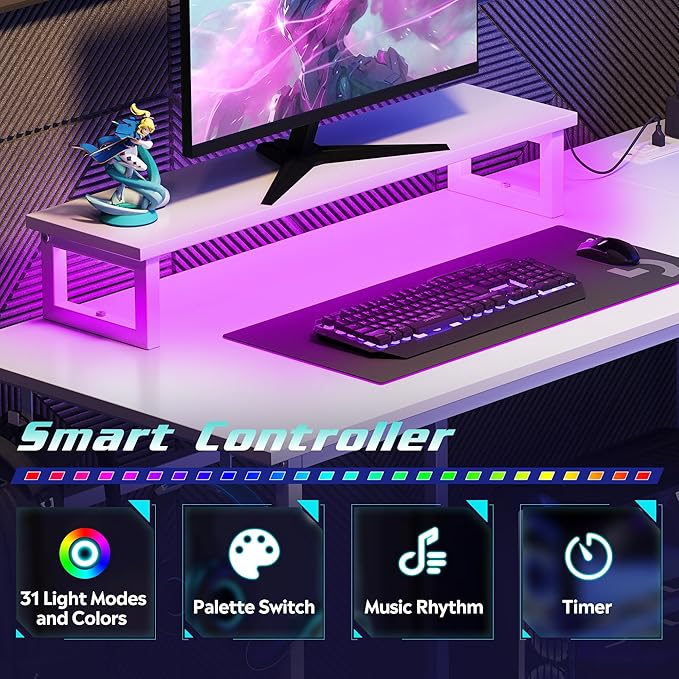 DEVAISE 47" L Shaped Gaming Desk with LED Lights and Power Outlets - Spacious Corner Computer Table with Monitor Stand and Storage Shelves for Work and Gaming, White