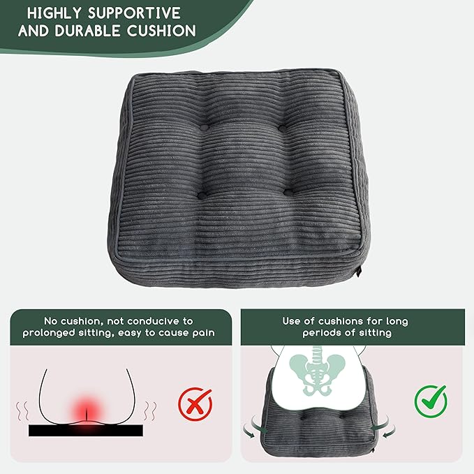 HIGOGOGO Tufted Corduroy Recliner Seat Cushion for Elderly, 20x20x5 Inch Large Square Seat Cushion for Recliner Chair, Floor Pillow, Office Chair, Car, No Pressure on Thighs, Dark Grey