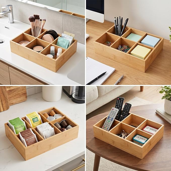 2 Pack Bamboo Small Desk Organizer with Adjustable Dividers, Wood Office Desk Dccessories Organizer for Snacks,Tea Bag,Makeup, Jewelry,Stationery