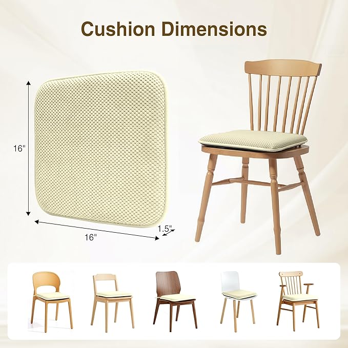 puredown® Chair Cushions for Dining Chairs, Set of 4 Memory Foam Seat Cushions with Non-Slip Backing & Ties, 16" x 16" x 1.5", Comfortable & Supportive Dining Chair Pads for Kitchen, Light Khaki