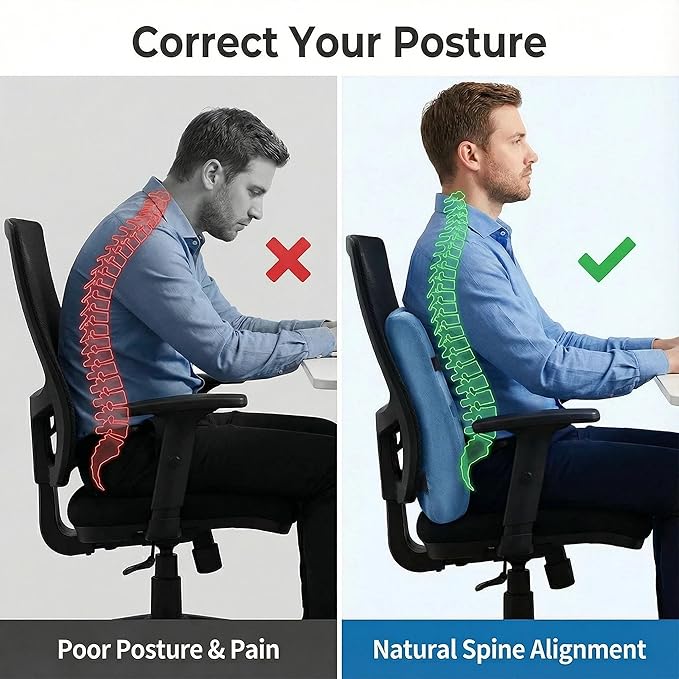 Poshetion Lumbar Support Pillow for Office Chair & Car – Memory Foam Back Cushion with Adjustable Straps & Breathable Mesh Cover（Blue）