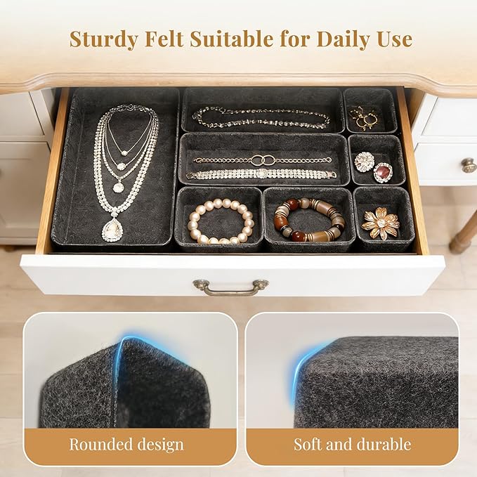 8pcs Felt Desk Drawer Organizer Tray, 4 Sizes Drawer Organizers Set for Office Supplies, Jewelry, Makeup, Cosmetics, Desk & Drawer Storage (Charcoal)