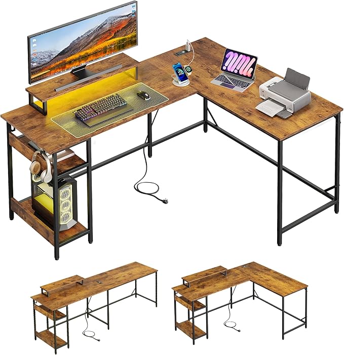 DEVAISE Full-Size 60" L Shaped Gaming Desk with LED Lights and Power Outlets - Reversible Corner Computer Table with Monitor Stand and Storage Shelves for Work and Gaming, Rustic Brown