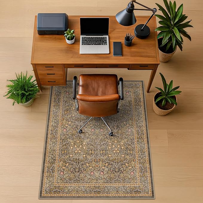 Vintage Brown Office Rugs for Rolling Chairs, 36"x48" Home Office Rug for Computer Gaming Chair, Low Pile, Slip-Resistant and Ultra Soft Area Rug for Protecting Floors, Boho Taupe Floral Design