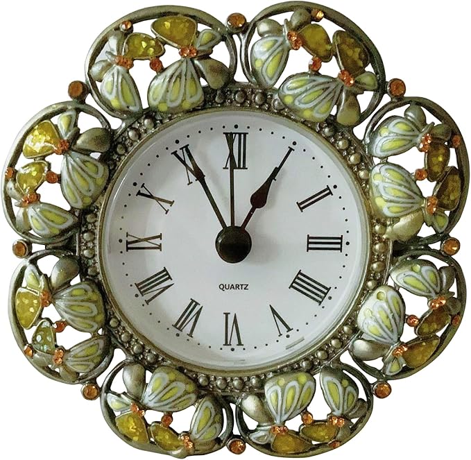 Silent Mini Vintage Analog Table Clock with Hand-Painted Metal Body and Battery Operated Non-Ticking Core for Shelf, Bedroom, Bedside, Desk, Gift Clock