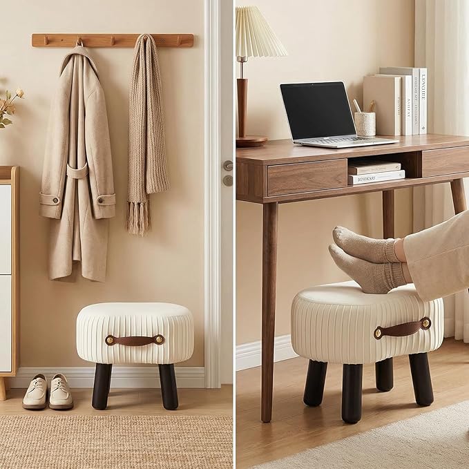 Small Footstool with Handle, Velvet Ottoman Foot Rest with Padded Seat, Curved Foot Stool with Wooden Legs, Portable Foot Rest for Living Room, Bedroom, Entryway, White