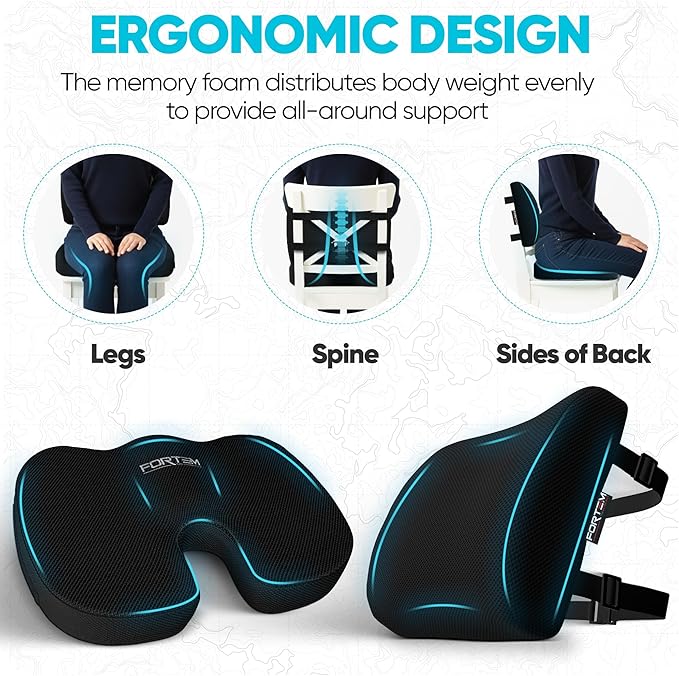 FORTEM Seat Cushion, Office Chair Cushion, Lumbar Support Pillow for Office Chair, Memory Foam Car Seat Cushions, Sciatica Coccyx Tailbone Pain Relief, Cushions for Back Support, Washable, Non Slip XL