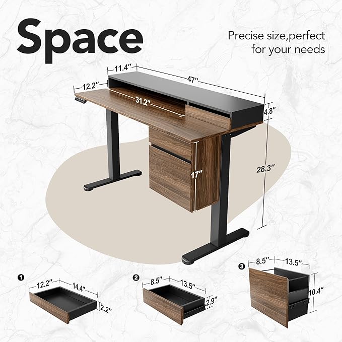 HUANUO Standing Desk with Drawers and File Cabinet, 47 Inch Electric Height Adjustable Desk with Storage, Ergonomic Stand Up Table Compatible with Monitor Stand, Black Walnut