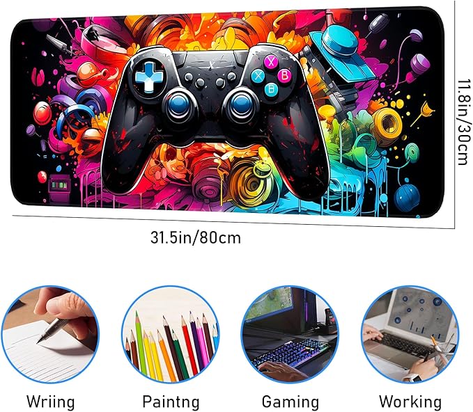 Gaming Mouse Pad, Large Mouse Pad, Waterproof Non-Slip Rubber Base, Stitched Edges, Suitable for Gaming, Office, Home, 31.5x11.8 Inch, Desk Decoration