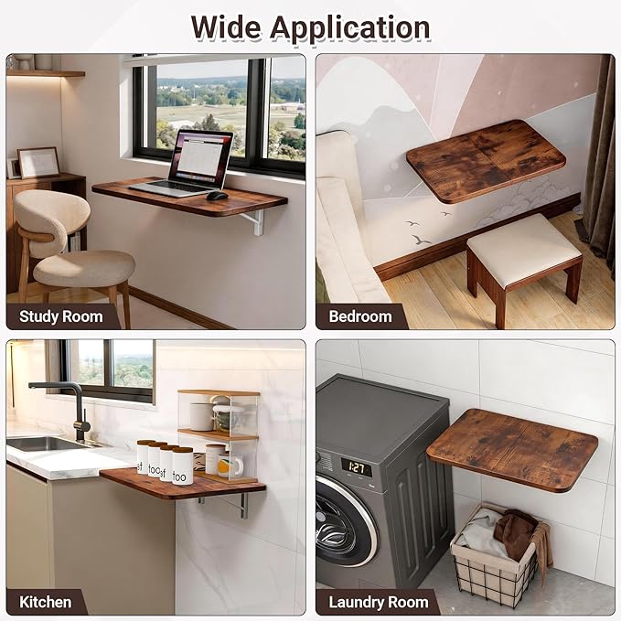 Neoaider Wall Mounted Folding Desk 23.6” x 15.7”, Drop Down Table with Metal Collapsible Brackets, Folding Wall Table for Small Spaces, Home, Office, Kitchen, Laundry Room-Brown