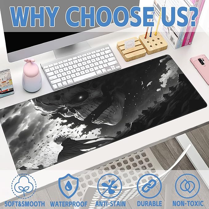 Desk Mat,Horror Anime Manga Large Gaming Mouse Pad for Desk XL,Anime Scene Desk Pad,Extended Big Computer Keyboard Mouse Pad with Non-Slip Base and Stitched Edge 31.5"x11.8"