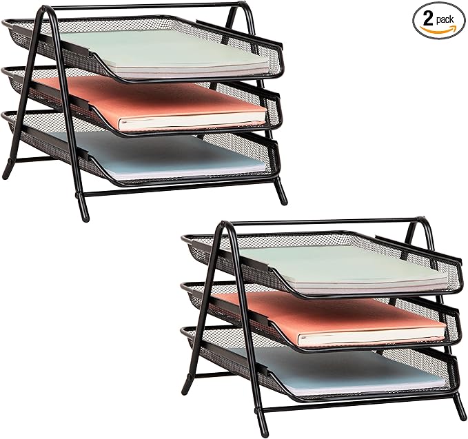 Mind Reader 3-Tier Paper Tray, Desktop Organizer, File Storage, Office, Metal Mesh, 11.75" L x 13.75" W x 10" H, Set of 2, Black