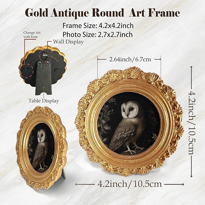 Vintage Midnight Owl Round Picture Frame Wall Decor, Black Goth Dark Gold Mini Ornate Photo Frame for TableTop Desk 2.7in Photo,Rustic Gothic Fall Framed Artwork for Walls Office Bedroom