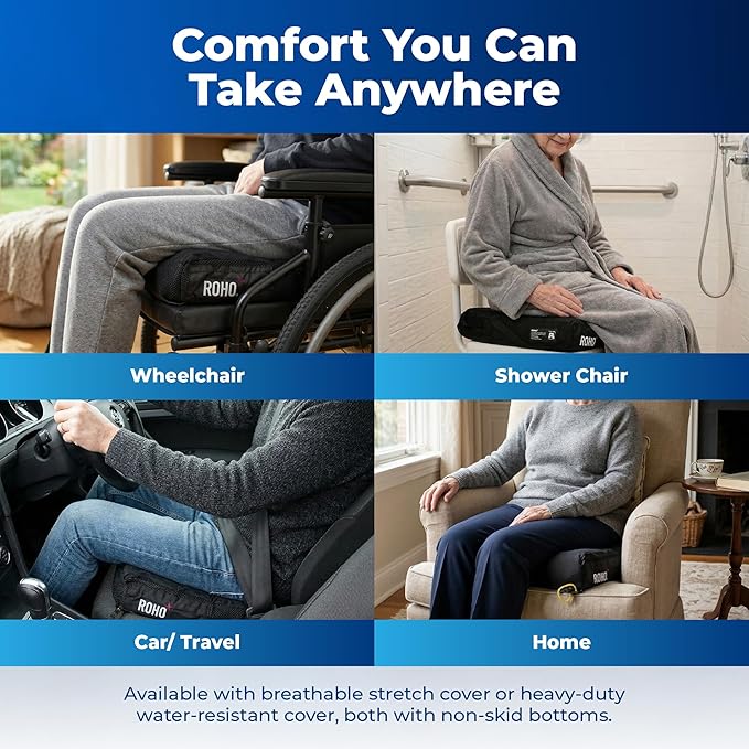 Roho Mosaic Seat Cushion 16” x 16” Inflatable Air Cell Design, Adjustable Firmness, Non-Skid Cover, Lightweight Portable Cushion for Wheelchair, Office Chair, Car & Home