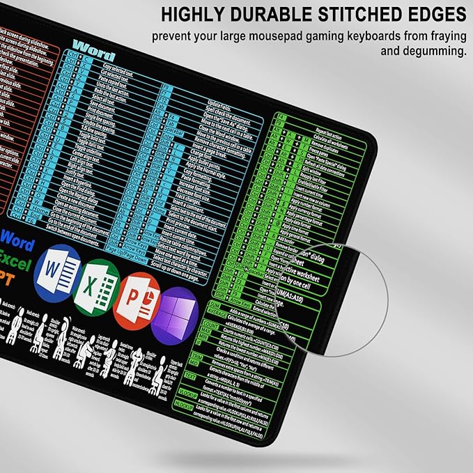 Excel Shortcuts Large Mouse Pad, 31.5 x 15.7 in Gaming Extended Mousepad with Stitched Edge, Non-Slip Rubber Base Water Resist Keyboard Pad for Office Game Home XXL, Word Excel PPT