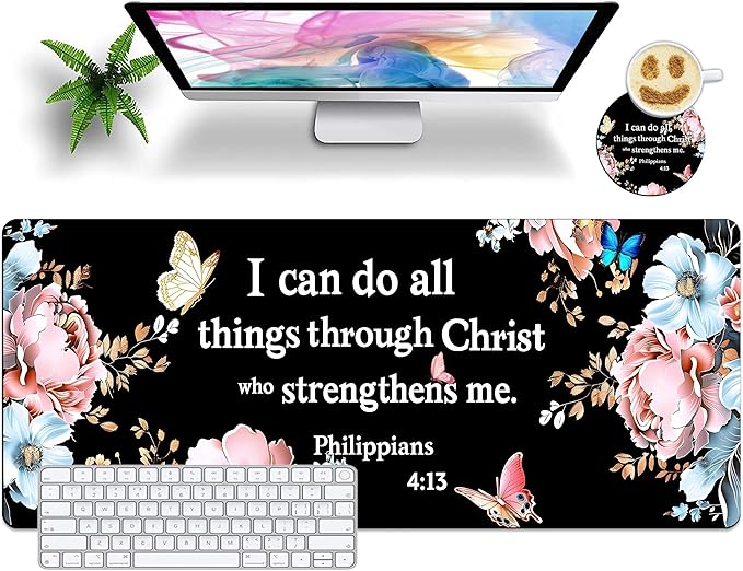 Extended Mouse Pad with Coaster 31.5 x 11.8 Desk Pad Full Desk Mousepad Stitched Edges Desk Mat Long Large Gaming Mouse Pad for Desk Office Home Bible Butterflies