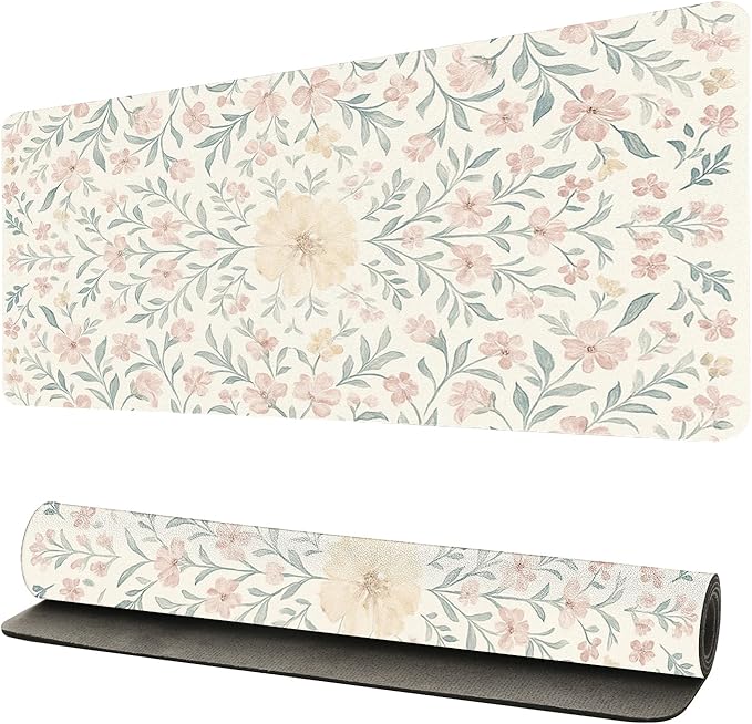 Soft Aesthetic Pastel Floral Desk Mat, Gentle PU Leather Desk Pad - Large Non-Slip Office Mat for a Calm & Stylish Gaming & Home Workspace（31.5 * 15.75in）