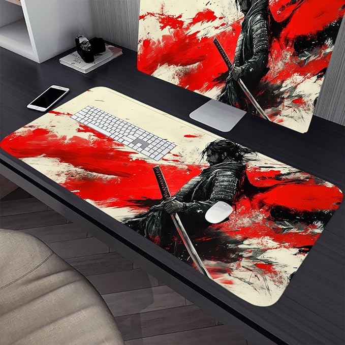 Japanese Samurai Desk Pad Mouse Pad Black Armor Red Katana XL Mouse Pad Large Mousepad Extended Laptop Keyboard Mat Gaming Desk Pad Mouse Mat 31.5"x11.8" Office Computer Keyboard Laptop Home