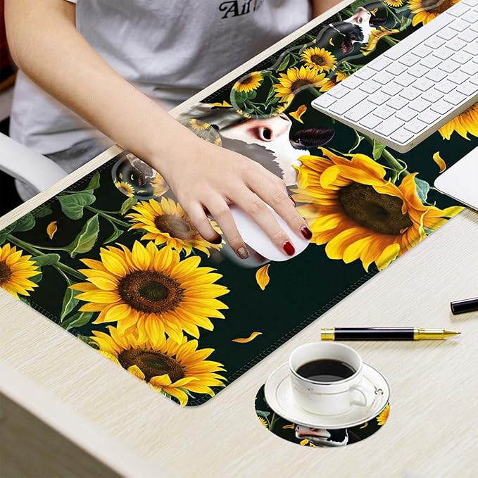 Ergonomic Mouse Pad Set with Wrist Support for Keyboard and Wrist Rest for Mouse, Memory Foam Comfort, Non-Slip Large Desk Mat for Home Office Pain Relief,Cute Sunflower Cow