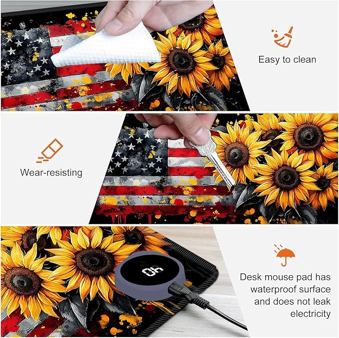 Heated Mouse Pad,Warm Desk Pad with 3 Levels Heating & 3 Hours Auto Shut-Off, PU Leather Heated Desk Pad Warmer Pad for Home Office - 23.6 x 14.2 inch,Sunflower American Flag