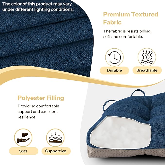 Non Slip Chair Cushions for Dining Chairs Set of 4 Kitchen Chair Cushions 18"x18"x3" Turfted Chair Pads Comfortable and Soft Seat Cushion with Ties, Navy